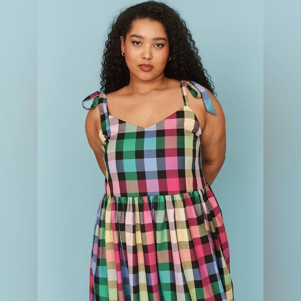 Lazy Oaf Checkmate Bow Strap Dress Rainbow Checkered L NWT Sold Out - Picture 9 of 15